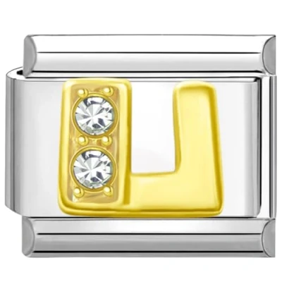 Image of Quiges 9mm Italian Style Charm Link Module Stainless Steel Zirconia Gold Alphabet Letter U for Bracelets