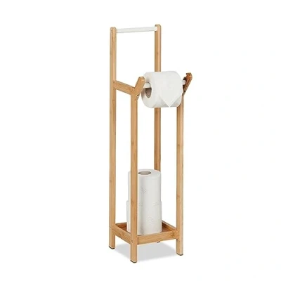 Image of Relaxdays Toilet Paper Holder, Free Standing, Bamboo, No Drilling, Spare Roll Storage, HxWxD: 72x17.5x24 cm, Natural