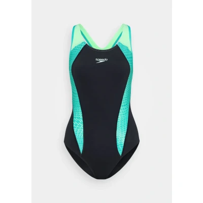 Image of Speedo Women&#039;s Placement Laneback Swimsuit Swimming Costume Blue Green Size 42&quot; Approx UK 18