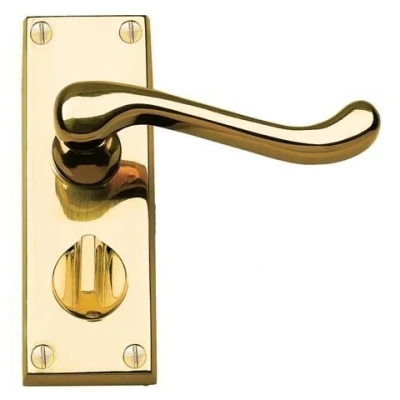 Image of Victorian Scroll Door Handle Lever On Backplate Privacy Set Polished Brass