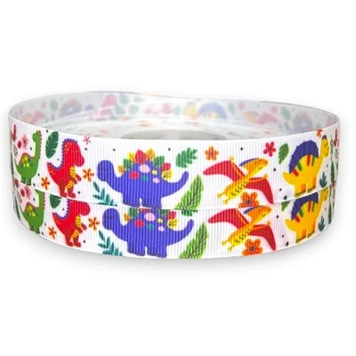Image of Colourful Dinosaur 2m x 22mm Wide for Personalised Birthday Cake Decoration Ribbon &amp; Decorating Ideas Present Gift Wrap Bows Toppers or Wrapping Bags Box Balloon String Cards Art Craft