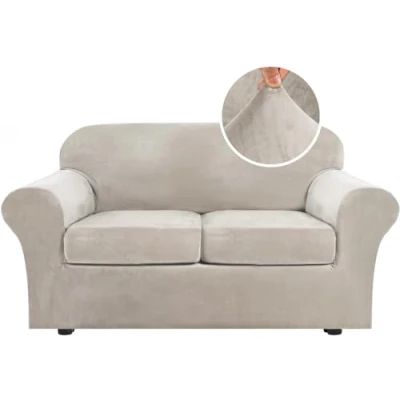 Image of LINGKY Velvet Sofa Cover 2 Seater With Separate Seat Cushion Covers, Stretch Couch Non Slip Slipcovers for Living Room Furniture Protector (Oatmeal,2 Seater)