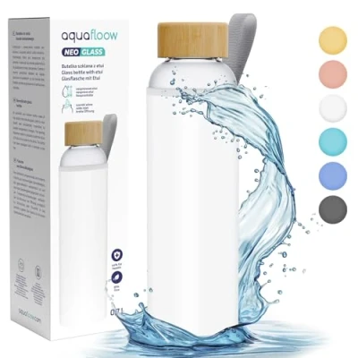 Image of Aquafloow Drinking Bottle Glass 700 ml, Transparent Water Borosilicate with Bamboo Lid and Neoprene Sleeve Ideal for Office, Outdoor, School, Carbonated Drinks white
