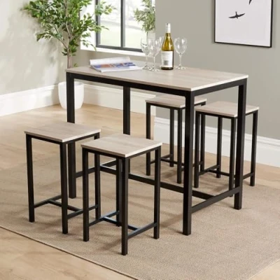 Image of Home Source Kitchen Dining Breakfast Bar Set, Wooden Table Top, Black Metal Frame, Light Oak Effect, 4 Barstools