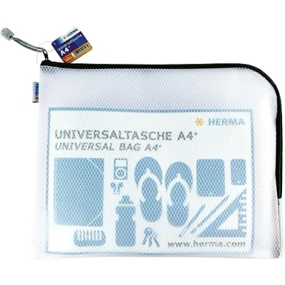 Image of HERMA 20022 Zip Document Bag A4, transparent (36 x 28 cm) large zippered mesh pouch with zipper for laptop, tablet, books, papers, toys, clear storage wallet in black