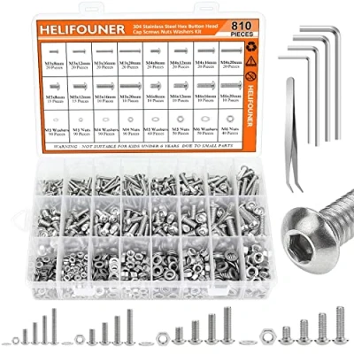 Image of HELIFOUNER 810 Pieces M3 M4 M5 M6 304 Stainless Steel Hex Button Cap Metric Screws Bolts, Flat Washers and Nuts Assortment Kit with Wrenches