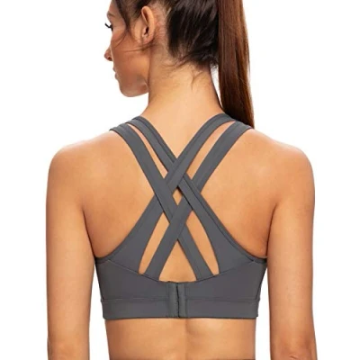 Image of AGONVIN Women&#039;s High Impact Plus Size Large Bust Sexy Strappy Wireless Padded Sports Bras Iron Gray S