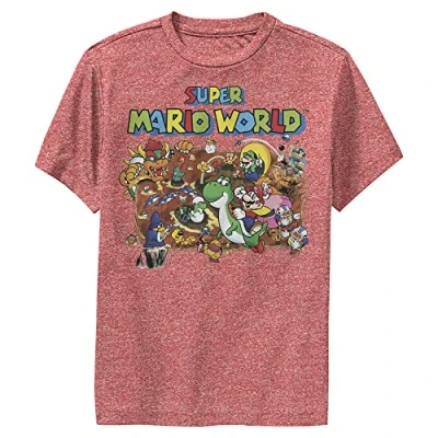 Image of Nintendo Boys&#039; Mario World Map T Shirt, Red Heather, L