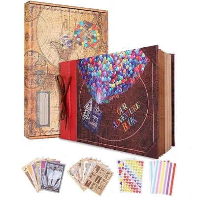 Image of Our Adventure Book with Balloon, 11.6 x 7.5 inch Leather Cover Up Themed Vintage Scrapbook Album,Valentine&#039;s Day, Anniversary Wedding Gifts, Retro Craft Cardstock, 40 Pages (adventure book)