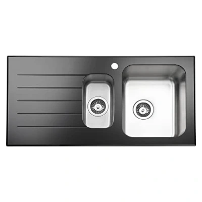 Image of JASSFERRY Glossy Black Glass Top Kitchen Sink Stainless Steel 1.5 One Half Bowl Left Hand Drainer, 1000 X 500 mm
