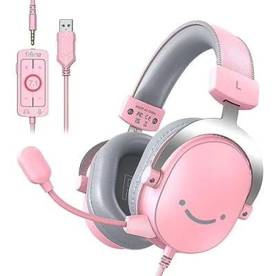 Image of FIFINE Pink 3.5mm/USB Gaming Headset,PC Over Ear Gamer Headphone with Microphone for Xbox, Computer, PS4/PS5, Streaming Headset Detachable Mic,7.1 Surround Sound,Soft Earmuffs AmpliGame H9