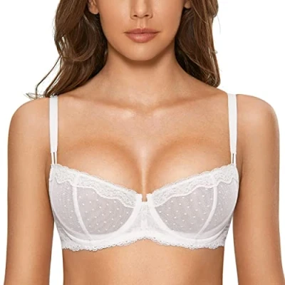 Image of DOBREVA Women&#039;s Sexy Lace Balconette Bra Unlined Underwire Open Half Cup See Through Sheer Balcony White 38E