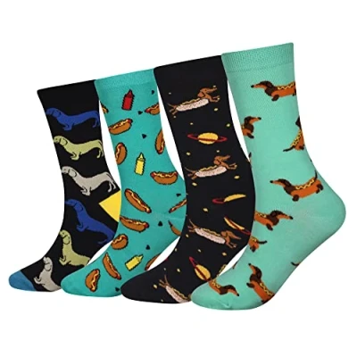 Image of Cansok Men&#039;s Animal Funky Novelty Dress Crew Socks (Dachshund Dog Hot 4 pairs)