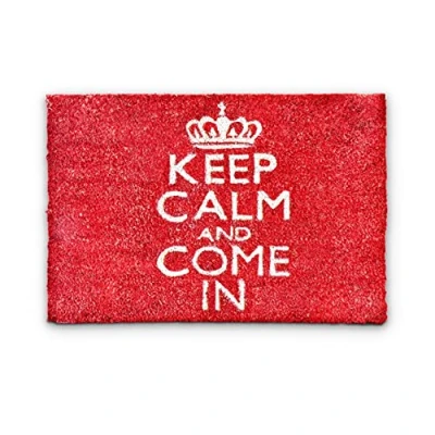 Image of Relaxdays Coconut Fibre &quot;Keep Calm and Come In&quot; Doormat 40 x 60 cm Coir Welcome Mat with No Slip Rubber PVC Underside, Red