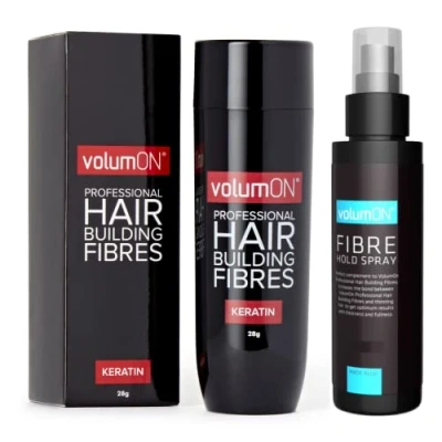 Image of Hair Fibres VOLUMON Keratin Building For Thinning Instantly Conceals Areas Fuller Thicker Men &amp; Women 28g PLUS 100ml Fibre Hold Spray (White)