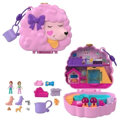 Image of Polly Pocket Dolls and Playset, Animal Toys, Groom &amp; Glam Poodle Compact Playset with Water Play 2 Color Change Pieces, HKV35