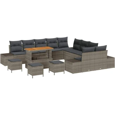 Image of vidaXL 14 Piece Garden Sofa Set with Cushions Grey Poly Rattan Acacia