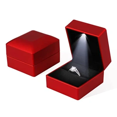 Image of Rolin Roly 2PCSBlack Ring Box with LED Light Square Jewelry Case Jewellry Display Gift Boxes for Proposal Wedding Ceremony Engagement Anniversary (Red)