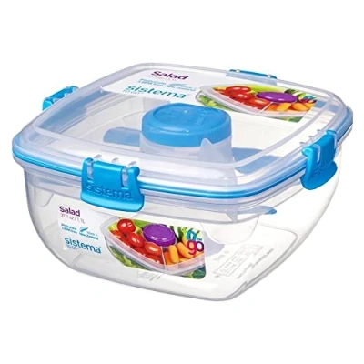 Image of Sistema Salad TO GO Lunch Box with Individual Compartments, Travel Cutlery &amp; Dressing Pot 1.1L BPA Free Assorted Colours