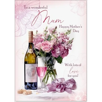 Image of doodlecards Mum Mothers Day Card Roses and Red Wine Medium Size with Plain Envelope