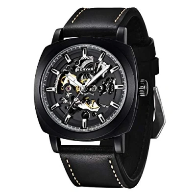 Image of BENYAR Mens Automatic Mechanical Wrist Watch Leather Strap Golden Movement 45 mm Skeleton Dial 30M Waterproof Elegant Gift for Men