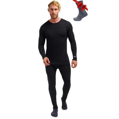 Image of Merino.tech Merino Wool Base Layer Men Set Thermal Underwear Mens Top and Bottom Lightweight, Midweight, Heavyweight (Small, 250 Black)