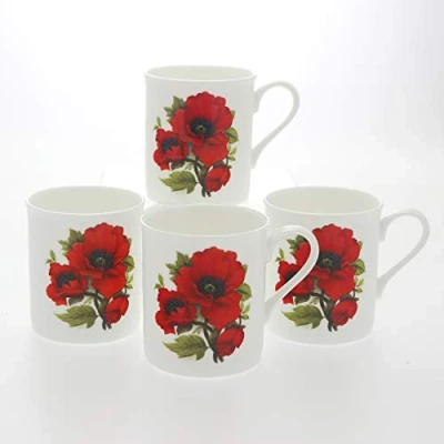 Image of Set 4 Fine Bone China Mugs Classic Red Poppies Design
