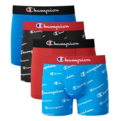 Image of Champion Boys&#039; Underwear, Everyday Active Stretch Boxer Briefs, Assorted 4 Pack, Blue/Red/Scripts, L