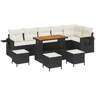 Image of vidaXL 10 Piece Garden Sofa Set with Cushions Black Poly Rattan Acacia