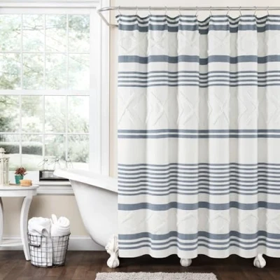 Image of Lush Decor Urban Diamond Stripe Woven Tufted Eco Friendly Recycled Cotton Shower Curtain, 72&quot; x 72&quot;, Blue