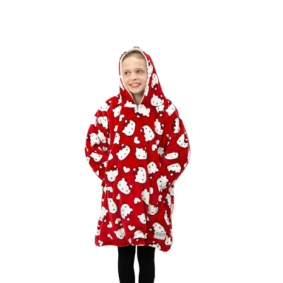 Image of Character World Girls Kids Hello Kitty Hooded Fleece Blanket, Red, 7 12 Year Old