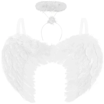 Image of White Angel Wings and Halo Costume for Women Feather Headband Halloween Costumes Kids Christmas Adult