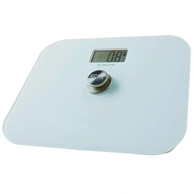 Image of Eco Friendly Digital LCD Bathroom Scales Battery Free Kinetic White Sleek Tempered Glass High Precision Push to Power, 150kg Max Capacity, Displays Weight in Stone/Lbs/Oz or Kilos/Grams