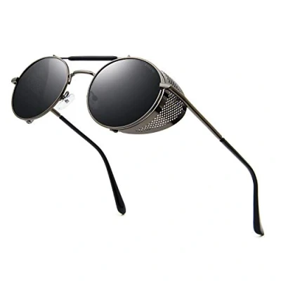 Image of RONSOU Steampunk Style Round Vintage Sunglasses Retro Eyewear UV400 Protection Matel Frame grey&amp;grey