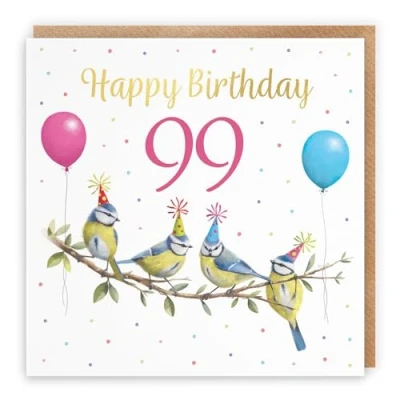 Image of Hunts England Blue Tits Funny 99th Birthday Card Luxury Gold Foil Milo&#039;s Gallery Age 99 Birds Female For Year Old Animal Fan Ninety Nine Her