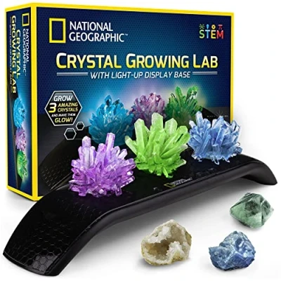 Image of NATIONAL GEOGRAPHIC Crystal Growing Kit 3 Vibrant Coloured Crystals to Grow with Light Up Display Stand &amp; Guidebook, Includes Real Gemstone Specimens Including A Geode Green Fluorite
