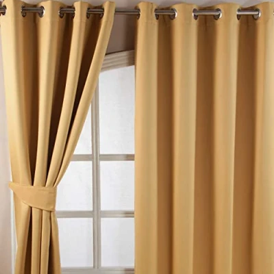 Image of HOMESCAPES Mustard Yellow Eyelet Ring Top Blackout Thermal Curtain Pair Width 117cm (46&quot;) x 228cm (90&quot;) Drop Herringbone Chevron Textured Retro Geometric Design. FREE SWATCHES.