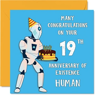 Image of Funny 19th Birthday Cards for Men Woman Robot Droid Happy Card Son Daughter Brother Sister Grandson Granddaughter Niece Nephew Cousin, 145mm x Joke Humour Banter Greeting