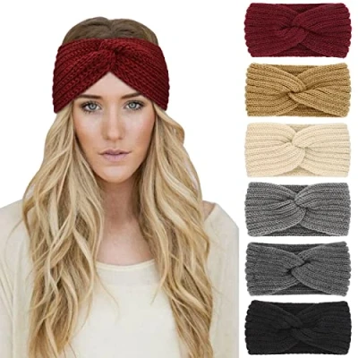 Image of DRESHOW 6 Pieces Women Warm Knitted Headband Winter Ear Warmer Crochet Head Wraps Thick Cable