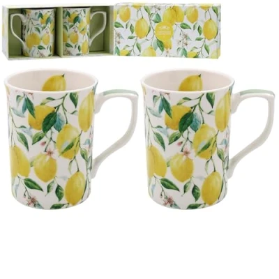 Image of Lesser &amp; Pavey Set of 2 British Designed Coffee Mug Ceramic Mugs for Home or Work Large Hot Drinks Tea and Cups (Lemon Grove 2)