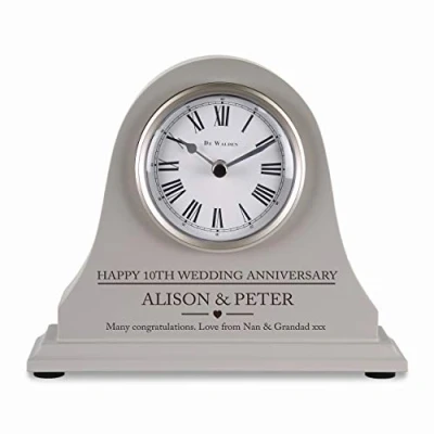Image of De Walden 10th Wedding anniversary couple gift Engraved Grey Mantel Clock Tenth