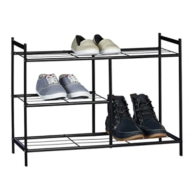 Image of Relaxdays Rack SANDRA with 3 Shelves, Metal Storage Boot Shelf, Size: 50.5 x 70 26 cm, for 8 Pairs of Shoes, Handles, Black, Steel, 26x70x50.5 cm