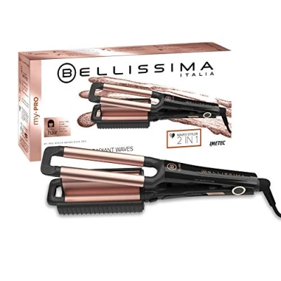 Image of Bellissima MY PRO 2 in 1 Hair Waver Beach Waves Styler Crimper and Deep Curling Iron, Ceramic Coating, Heat resistant handle, 160C 200C, Long Lasting Results, Quick &amp; Easy, Black Gold
