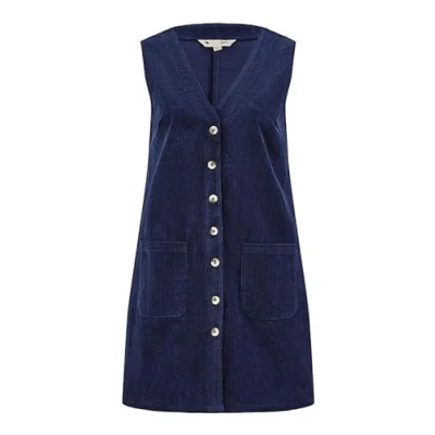 Image of Yumi Womens Navy Cord Button Through Pinafore Dress With Pockets Cotton Size 10 UK