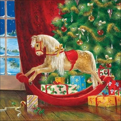 Image of Ambiente Pack of 20 Christmas Wooden Rocking Horse Paper Napkins Table Decorations Xmas Festive Traditional 33cm x 3 Ply