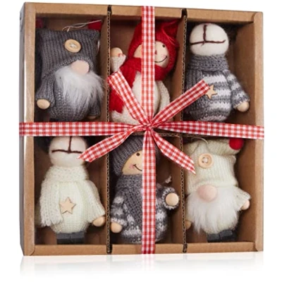 Image of BRUBAKER 6 Piece Set Christmas Figures Made of Wood and Knitted Tree Pendant Reindeer Gnomes Winter Children Large 3.9 inches Decoration Gnome in Gift Box