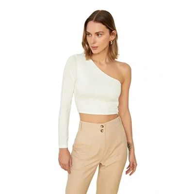 Image of Trendyol Women Slim fit Basic Asymmetrical Collar Knit Blouse Ecru