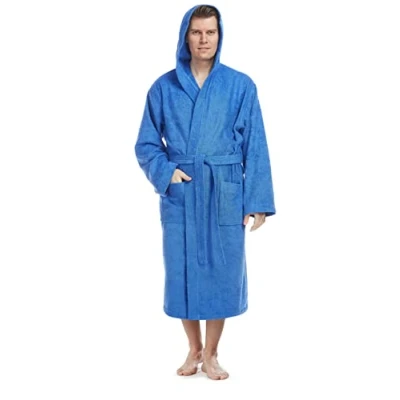 Image of Arus Men&#039;s bathrobe with hood, calf length, 100% cotton terry, man&#039;s size: XXL, unisex XXL 3XL, Royal Blue
