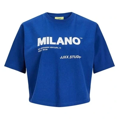 Image of JJXX Women&#039;s Jxbrook RLX Ss Tee JRS Sn T Shirt, Sodalite Blue/Print: Bright White Milano Print, M