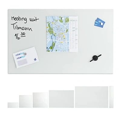 Image of Relaxdays Glass Magnetic Dry Erase Memo Board 100 x 60 cm, Writable, 3 Magnets, Safety Magnet Board, White